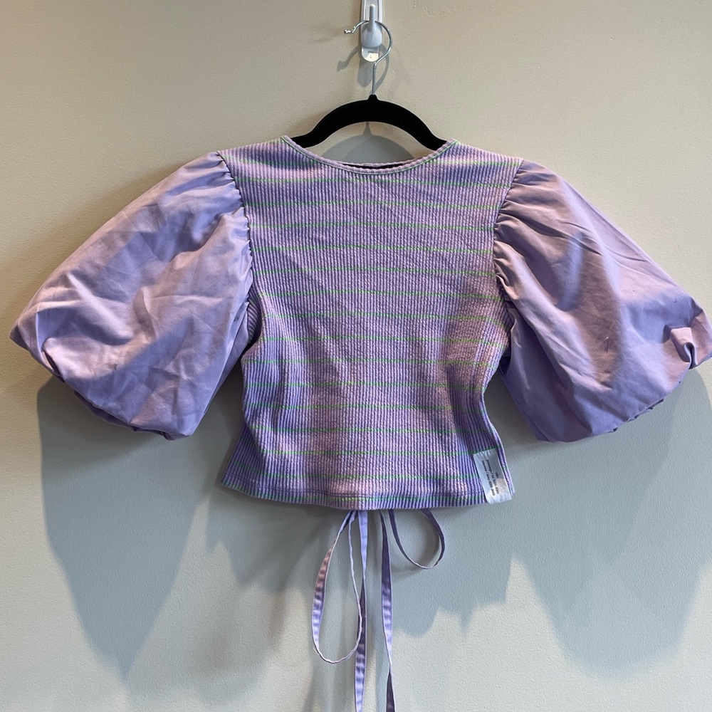 rokh purple puff sleeve tie back blouse